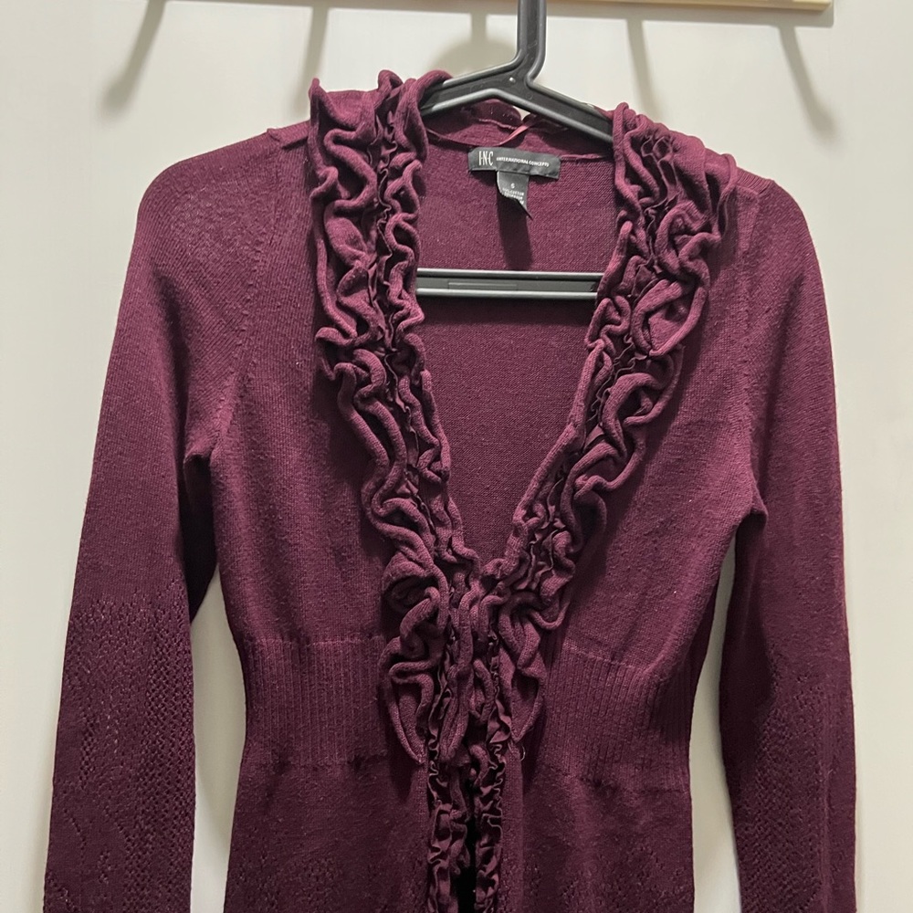 INC International Concept Ruffled Knit Cardigan Size Small Color Burgundy